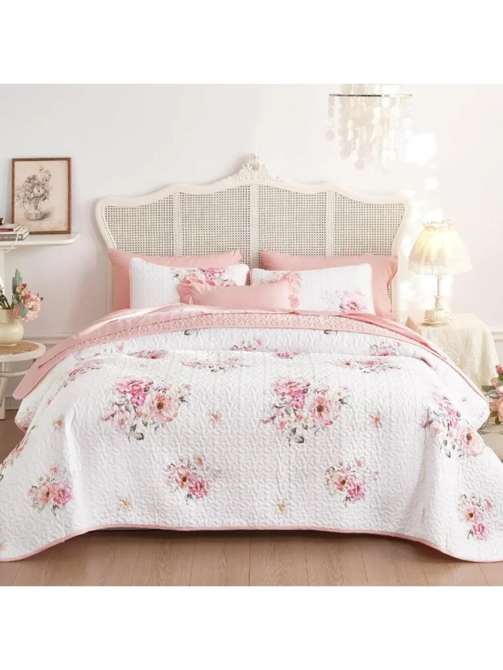 Floral Cottagecore Quilt Set - Reversible Lightweight Bedspread, King Size, 3